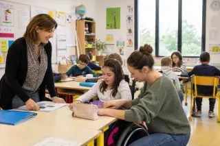En classe de primaire, un AESH assiste une élève en fauteuil roulant pendant qu’ils travaillent ensemble, sous le regard attentif de l’enseignante, dans une ambiance lumineuse et inclusive.