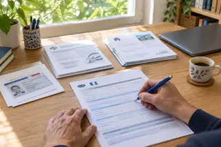 Hands filling out a disability support form on a desk with documents and a laptop in a sunny home office