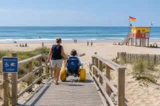 Accessible Gironde beach with an amphibious wheelchair and a helper on a walkway leading toward the sea under a clear sky, with a lifeguard post and a few people in the background.
