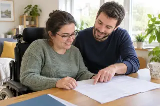 Femme adulte en fauteuil roulant examinant des documents avec un proche dans un salon lumineux, ambiance bienveillante et calme.
