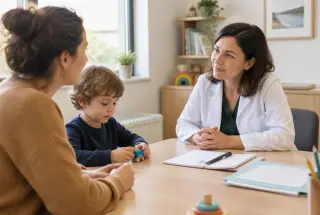 Parent et enfant échangeant avec une pédiatre dans un cabinet médical lors d’une première consultation.